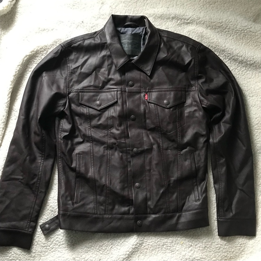 Levis Men's Faux Leather Trucker Levi's Jacket Chocolate Brown Size Medium FLAW